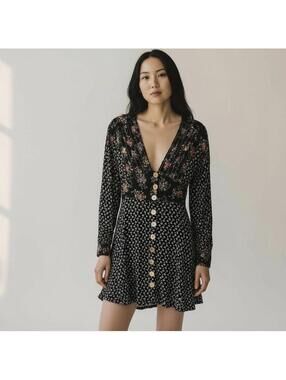 Free People Wonderland Mini Dress in a black floral print